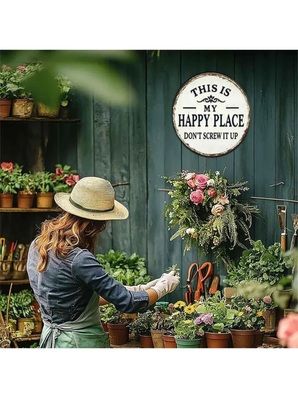 Funny Vintage Garden Metal Sign - 'This Is My Happy Place' Wall Art, Home & Bar
